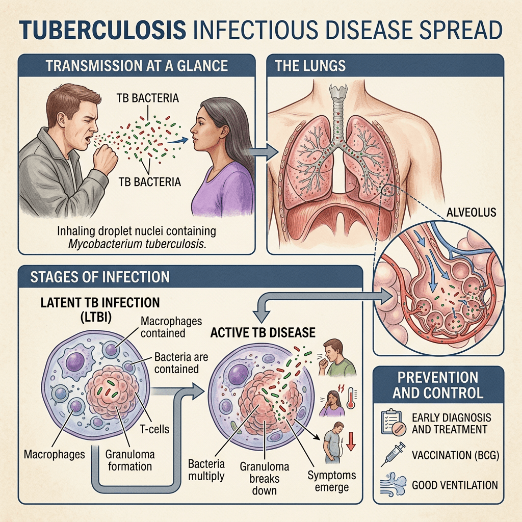 Diagram showing tuberculosis transmission, lung infection, latent and active stages, and prevention methods
