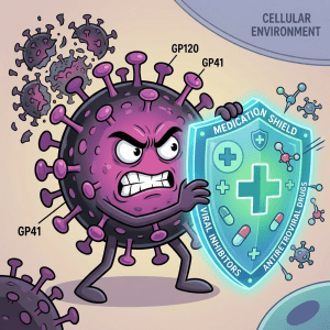 Angry virus holding a glowing shield labeled medication shield, viral inhibitors, and antiretroviral drugs