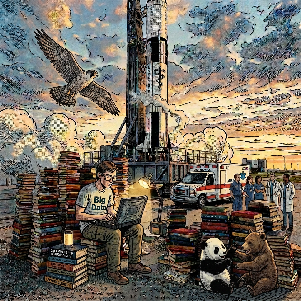 Several tall stacks of books arranged on the ground near a Saturn V rocket on a launchpad