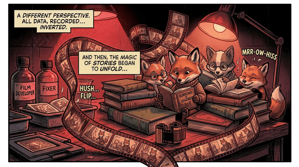 Three foxes reading books titled 'Burrows & Legends' surrounded by film strips and darkroom bottles labeled 'Film Developer' and 'Fixer'