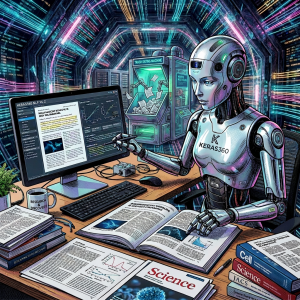 Humanoid research robot reviewing scientific papers in a laboratory workspace